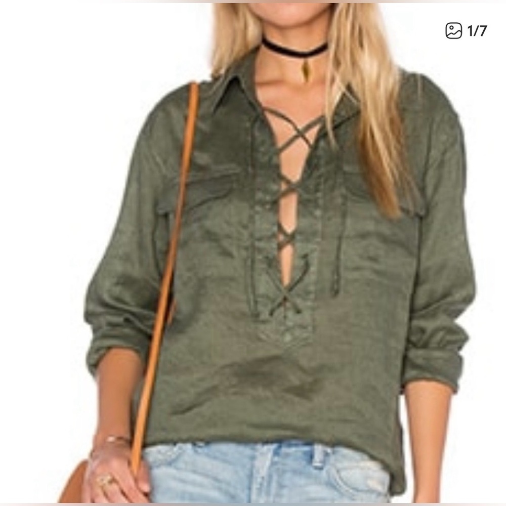 Equipment Femme Knox Army Green Lace Up Long Sleeve Blouse 100% Linen Size M